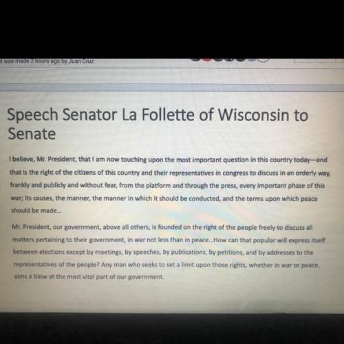 Determine what is the claim made by lafollette’s speech congress.  Provide one piece of evidence of