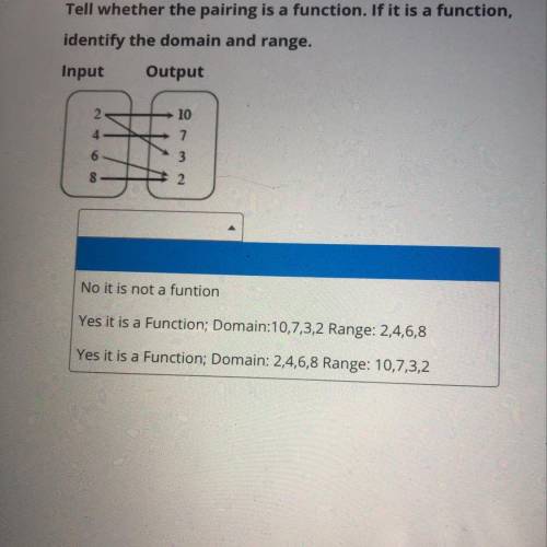 Tell whether the pairing is a function. If it is a function, identify the domain and range. Input Ou