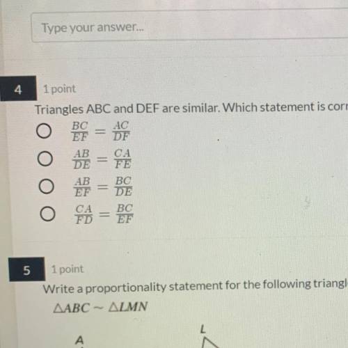 Triangles ABC and DEF are similar. Which statement is correct? Select all that apply.