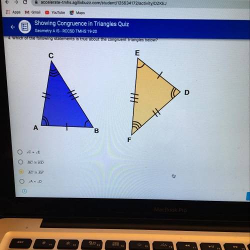 4. Which of the following statements is true about the congruent triangles below?