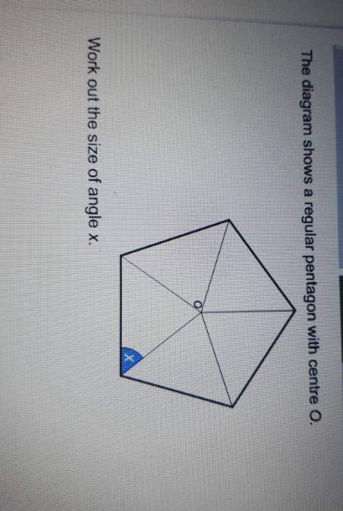 The diagram shows a regular pentagon with centre O.Work out the size of angle x.