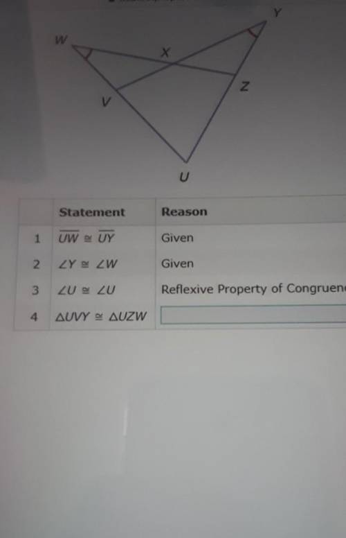 Complete the proof.Prove: UVY = UZWA) AASB)ASAC)SASD)SSS