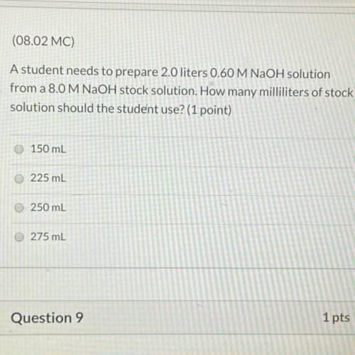 A student needs to prepare 2.0 liters 0.60 M NaOH solution from a 8.0 M NaOH stock solution. How man