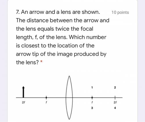 An arrow and a lens are shown. The distance between the arrow and the lens equals twice the focal le