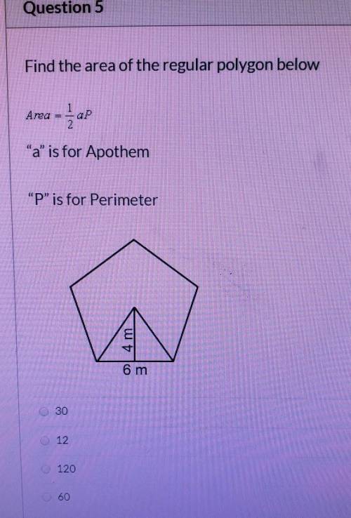 Find the area of the regular polygon below. The side is 6m and the apothem is 4cm