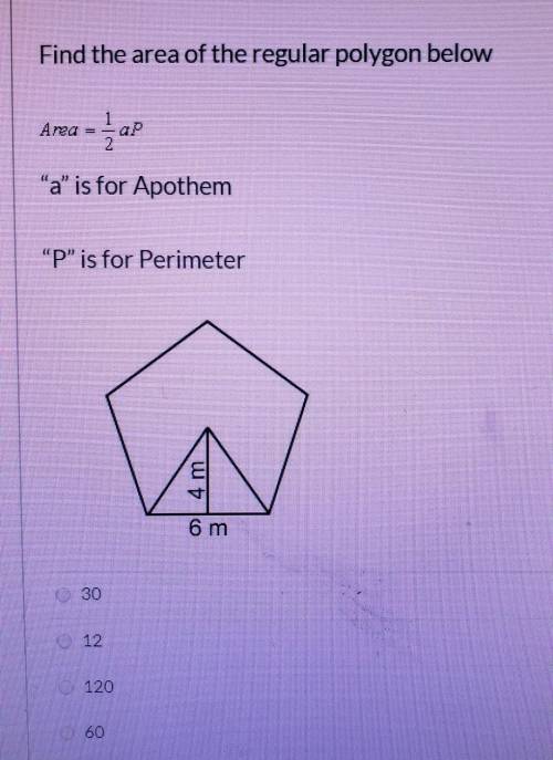 Find the area of the regular polygon below.. The diameter is 4 m and a side of 6m.
