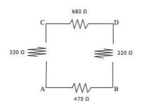 What is the approximate equivalent resistance between points A and D?A) 320 Ω B) 410 Ω C) 1.1 kΩ D)