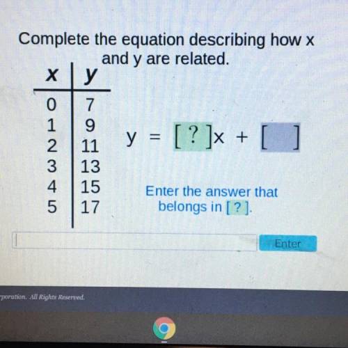 Complete the equation describing how x and y are related. any help is appreciated :) !!