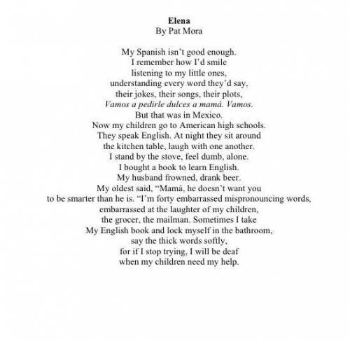 What is the syntax in the poem Elena by Pat Mora? What words in the poem Elena are meaningful and ha