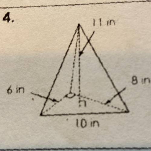 Find the volume of the pyramid  V=1/3 times Base times Height  B= 1/2 times the base times the other
