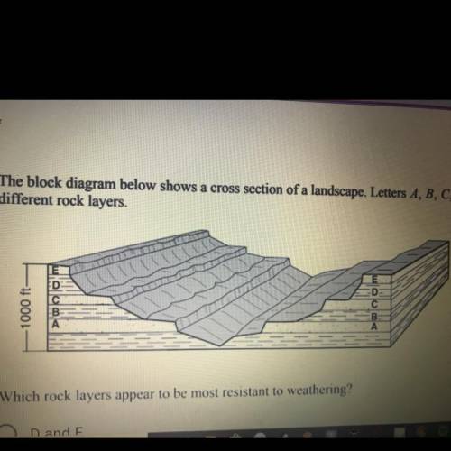 The block diagram below shows a cross section of a landscape. Letters A,B,C,D and E represent differ