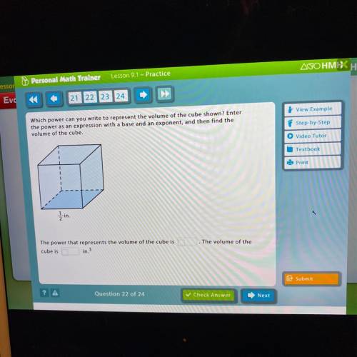 Which power can you write to represent the volume of the cube shown? Enter the power as an expressio