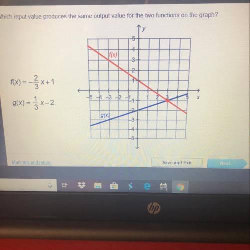 Which input value produces the same output value for the two functions on the graph? f(x) = {x+1 g(x