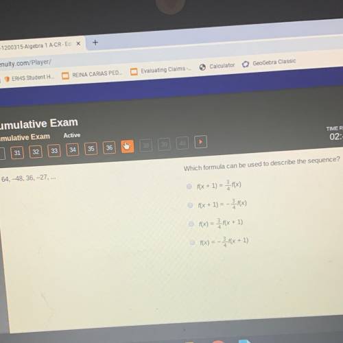 Help ASAP  64,-48, 36, -27,... Which formula can be used to describe the sequence? f(x + 1) = 2.f(x)