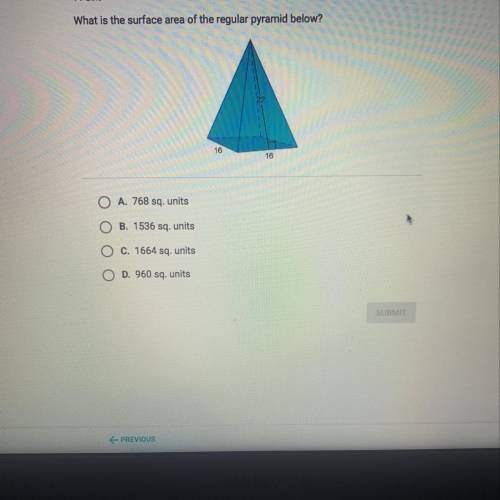 •HELP FOR BRAINLIEST & 80 PTS (pic below) what is the surface area of the regular pyramid below