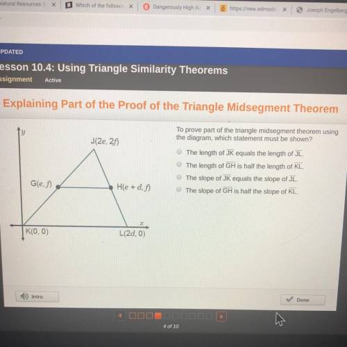 To help prove part of the triangle midsegment theorem using the diagram, which statement must be sho