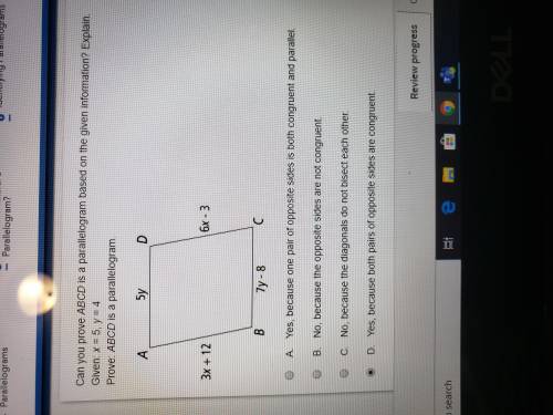 Can you prove ABCD is a parallelogram based on the given info? Given: x=5, y=4 Prove: ABCD is a para