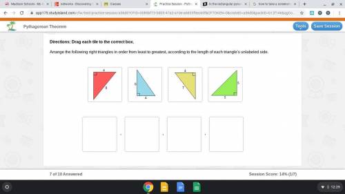 Arrange the following right triangles in order from least to greatest, according to the length of ea