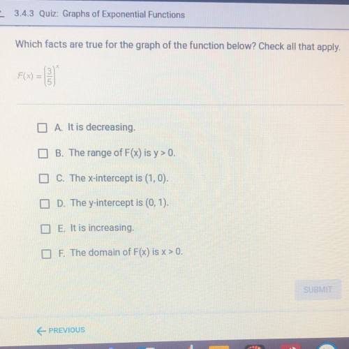 Which facts are true for the graph of the function below? Check all that apply. F(x)=(3/5)^x A. It i