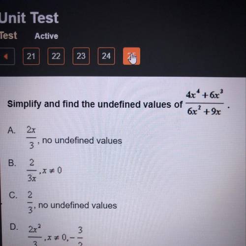 Simplify and find the undefined values of 4x^4+6x^3 / 6x^2+9x