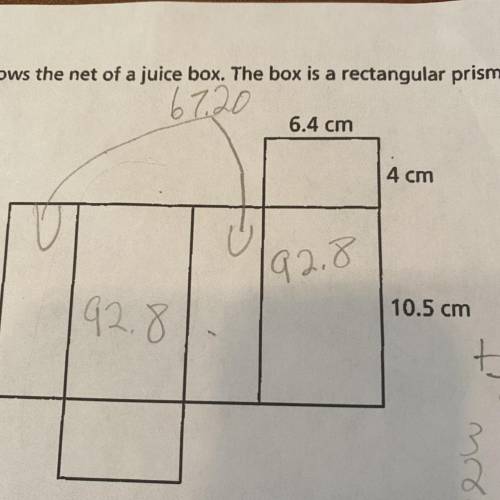 The diagram shows the net of a juice box. The box is a rectangular prism. What is the surface area o