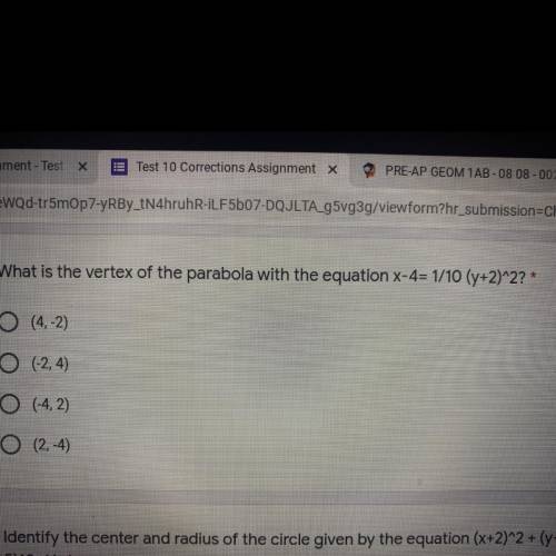 What is the vertex of the parabola with the equation x-4=1/10 (y+2)^2