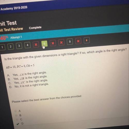 Is triangle with the given dimensions a right triangle? If so, which angle is right angle?