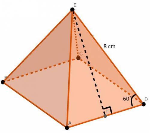 The following picture is a square pyramid where DE=8 cm and m∠ADE=60°. Find the surface area of the