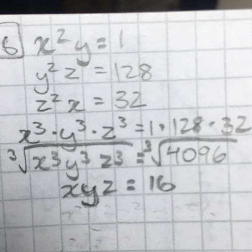 Solve these three simultaneous equations: x^2 *y=1 y^2 *z=128 z^2 *x=32 The picture is as far as I’v