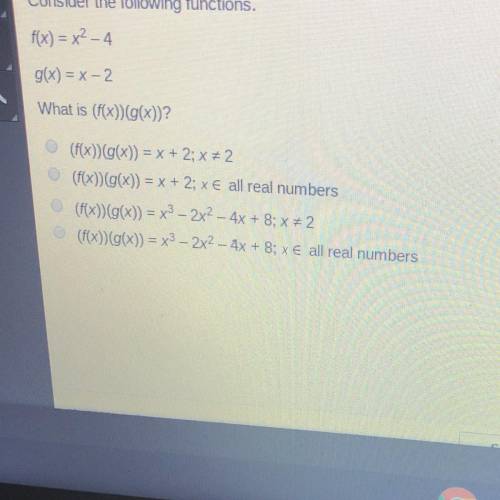 Consider the following functions. f(x) = x^2- 4 g(x) = x-2 What is (f(x)) (g(x))?