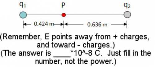 In the diagram, q1 = +6.39*10^-9 C. The electric field at point P is zero. What is the value of the