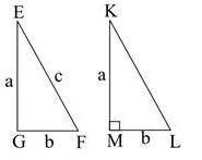 The figure below shows two triangles EFG and KLM: Two triangles EFG and KLM are drawn. Angle KML is