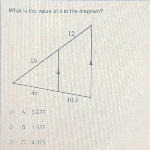 What is the value of x in the diagram?  A. 3.625 B. 1.625 C. 4.375 D. 3.5