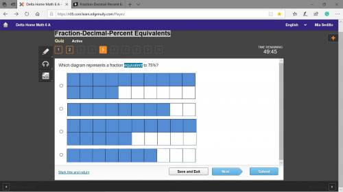 Fraction-Decimal-Percent Equivalents Which diagram represents a fraction equivalent to 75%?