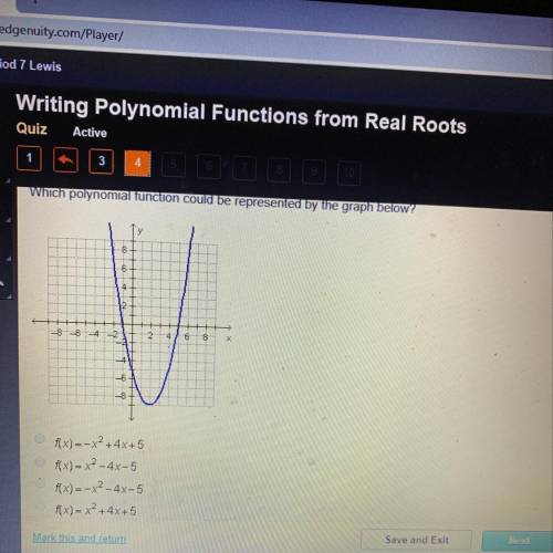 Which polynomial function could be represented by the graph below? f(x)=-x2 + 4x + 5 F(x) = x² - 4x