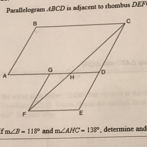 Parallelogram ABCD is adjacent to rhombus DEFG, as shown below, and FG intersects AGD at H. If m