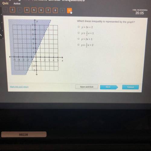 Which linear inequality is represented by the graph? y> 2x + 2 yz 1x+1 y> 2x + 1 yz 2x+2