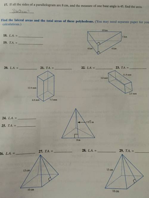 Geometry. Find the lateral areas and the total areas of these polyhedrons.