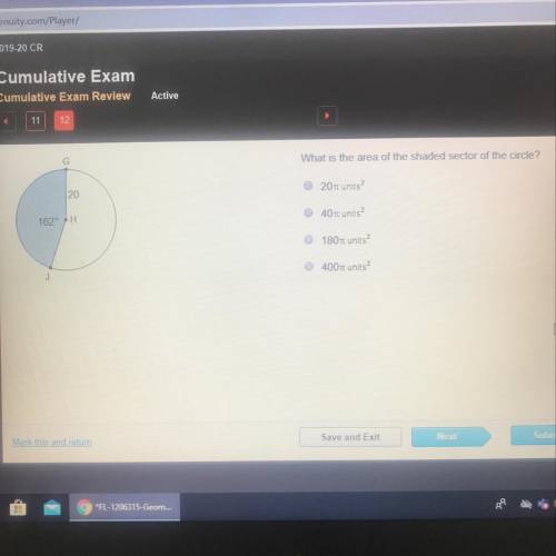 What is the area of the shaded sector of the circle?  20n units2 40n units2  180n units2 400n units2