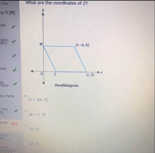 What are the coordinates of Z? A: (c – 2a, 0) B: (a – c, 0) C: (0, b) D: (a, 0)