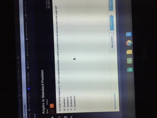 An angle whose measure is -102 degrees is in standard position. In which quadrant does the terminal