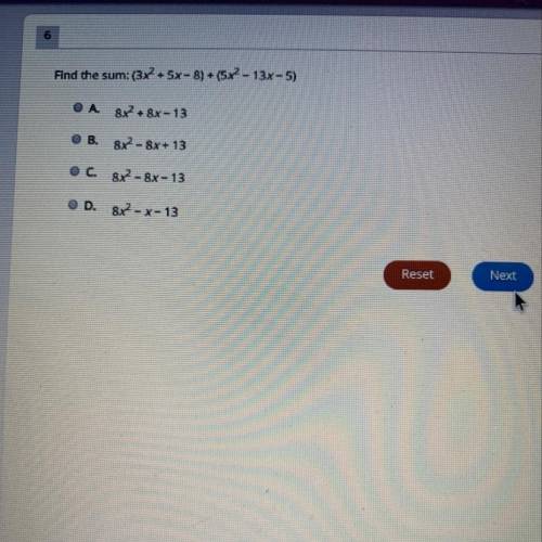 Find the sum: (3х2 + 5х – 8) + (5х2 – 13х-5) 8х +8х - 13 ов. 82 – 8х + 13 8x - 8х - 13 ор. 8х2-х- 13