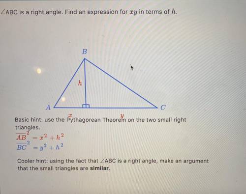 Help please? I need to find an expression for xy in terms of h. I have laid out the hint my teacher