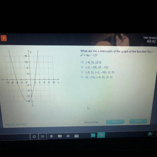 What are the x-intercepts of the graph of the function f(x) = x2 + 4x – 12? (6.0), (2.0) (-2. – 16),