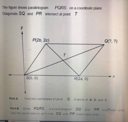 The figure shows parallelogram PQRS on a coordinate plane. Diagonals SQ and PR intersect at point T