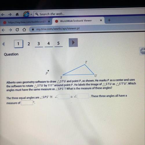 Alberto uses geometry software to draw angle STU and point P, as shown. He marks P as a center and u