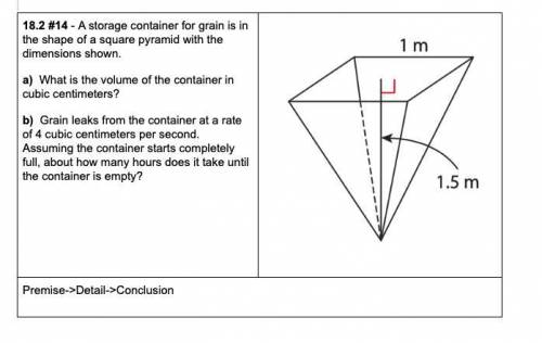 A storage container for grain is in the shape of a square pyramid with the dimensions shown. a) What