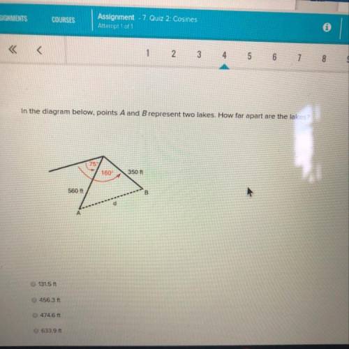 In the diagram below, points A and Brepresent two lakes. How far apart are the lakes?