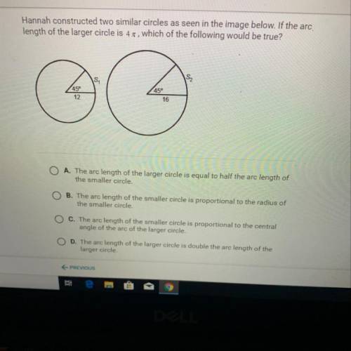 Hannah constructed two similar circles as seen in the image below. If the arc length of the larger c