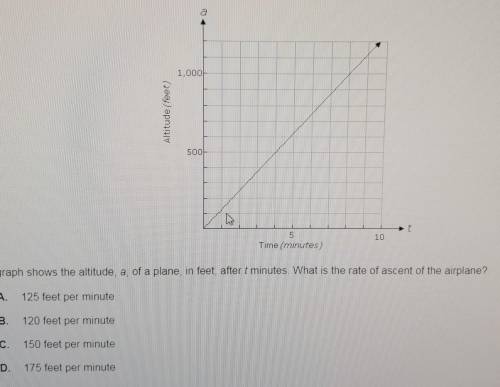 The graph shows the altitude, a, of a plane, in feet, after t minutes. What is the rate of ascent of